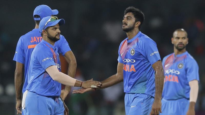 Vijay Shankars maiden international wicket was delayed after Suresh Raina dropped a catch at mid off and Washington Sundar also missed an attempt in the bowlers first over. (Photo: AP)