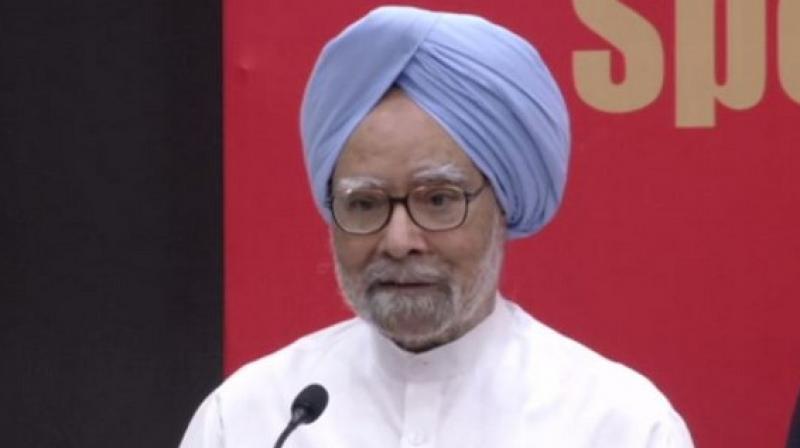 Former PM Manmohan Singh speaking at the birth centenary memorial meeting of Indrajit HGupta in New Delhi. (Photo: ANI)