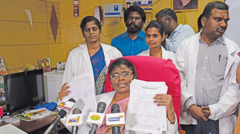 Dean of Kilpauk Medical College Dr P. Vasanthamani addresses the media after a woman from Mangadu claimed to have been transfused with HIV infected blood at KMC. (DC)
