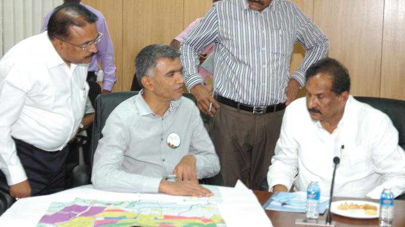 Bengaluru Development Minister K. J. George with Byatrayanapura MLA Krishna Byregowda on Tuesday. (Photo: DC)