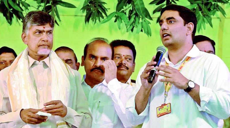 Minister N. Lokesh speaks at the foundation laying ceremony of TD national office in Mangalagiri on Sunday.