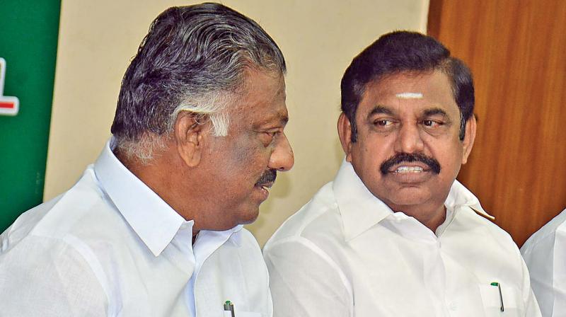 Chief Minister Edappadi K. Palaniswami, who is AIADMK co-coordinator, and Deputy CM and partys coordinator O. Panneerselvam at a crucial meeting in Chennai on Monday. (Photo: DC)