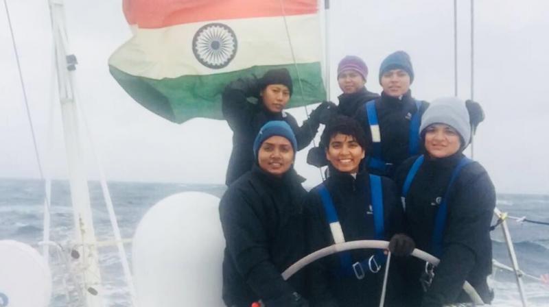 The women officers are part of Navika Sagar Parikrama expedition, the first ever attempt by an all-women crew from India to sail around the globe. (Photo: @indiannavy)