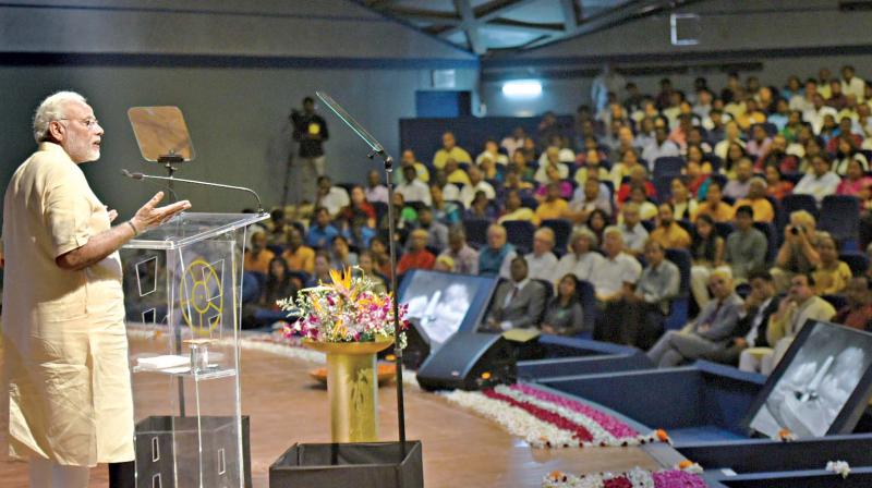 PM Narendra Modi gives a speech at Auroville in Puducherry on Sunday. (Photo:DC)