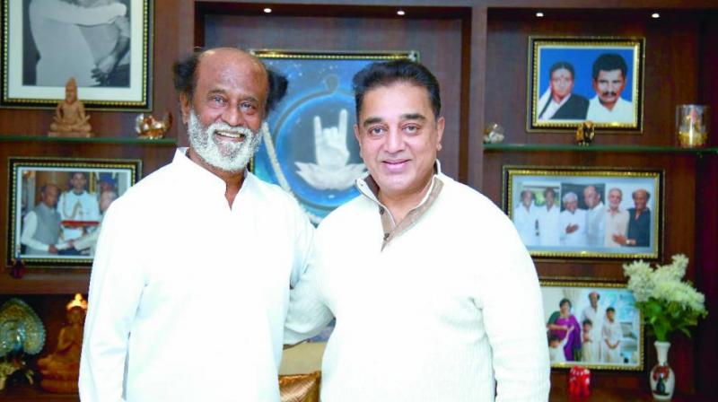 Actors Rajinikanth and Kamal Haasan during a meeting in Chennai. (Photo: Asian Age/File)
