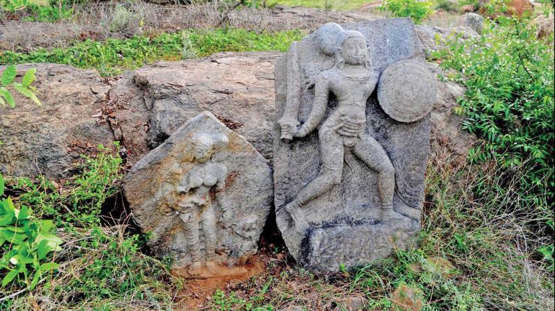 The rare sati stone depicting a woman with two kids found at Radhapuram village at Thandarampattu in Tiruvannamalai. (Photo: K. Senthil Nathan)