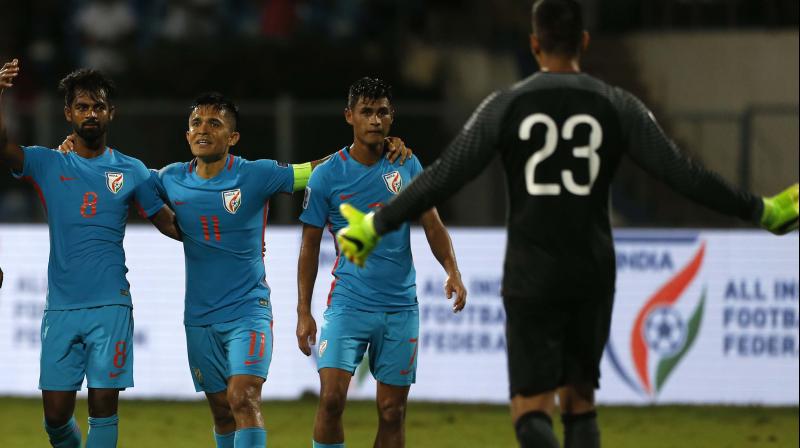 Indias captain Sunil Chhetri, second left, celebrates with teammates their win over Kyrgyz Republic in the AFC Asian Cup UAE 2019 qualifier match in Bangalore. (Photo: AP)