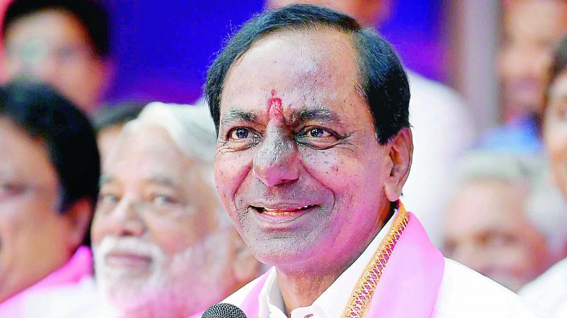 TRS president K Chandrasekhar Rao during the meeting of TRS Legislature Party at the Telangana Bhavan  in Hyderabad.  (DC)