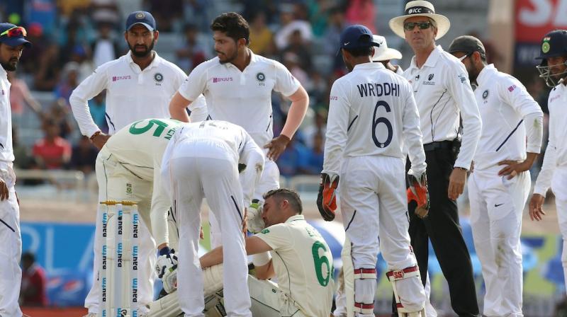 South Africa batsman Theunis de Bruyn has been named as concussion replacement for Dean Elgar, who was struck by India bowler Umesh Yadav on day three of the third Test match here on Monday. (Photo:BCCI)