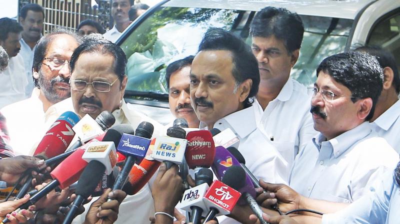 DMK president M.K. Stalin addresses the media  in Chennai on Thursday. (Photo: DC)