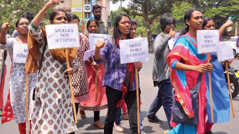 Women journalists protest against Mangalam TV channel at Muthalakulam, Kozhikode, on Friday.