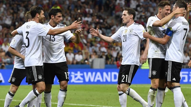Germany players celebrate their sides 3rd goal, during the Confederations Cup, semifinal soccer match between Germany and Mexico. (Photo:AP)