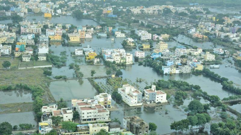 An aerial view of the flood-affected Ambattur in western Chennai during last year. (Photo: DC)