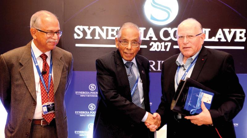 From left, P.K.H. Tharakan, former chief Research & Analysis Wing, M.K. Narayanan, former NSA with Uzi Arad, ex-Mossad slueth at the Synergia Conclave 2017 Security 360 Degrees in Bengaluru on Saturday. (Photo: R. Samuel)