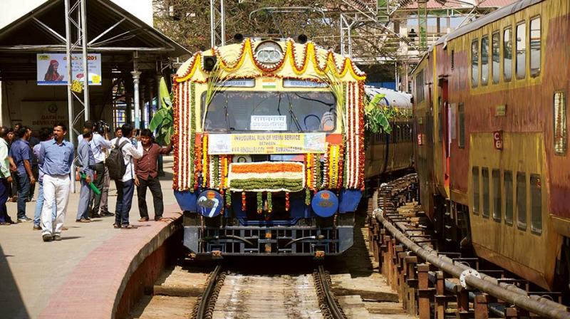 The MEMU train between KSR Bengaluru and Ramanagara making its inaugural run on Jan 16