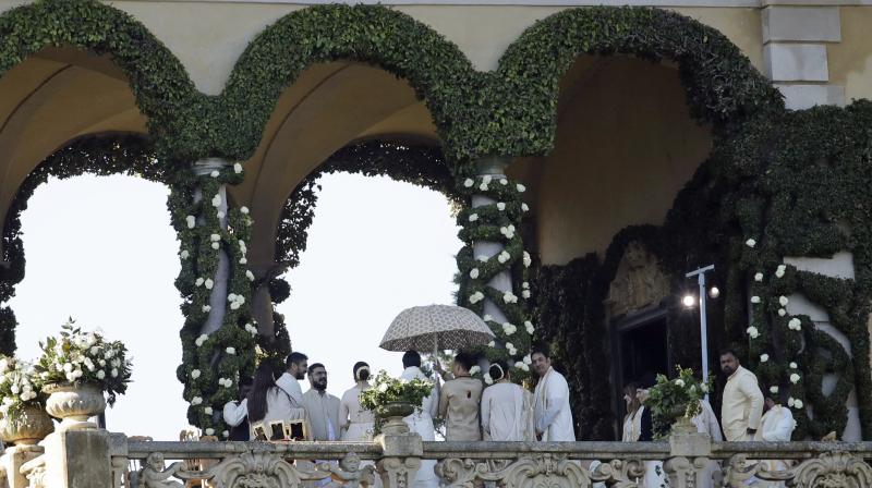 Guests attend the wedding of Indian Bollywood stars Deepika Padukone and Ranveer Singh at the Villa Balbianello in Lenno, Como lake, northern Italy, on Wednesday. (Photo: AP)