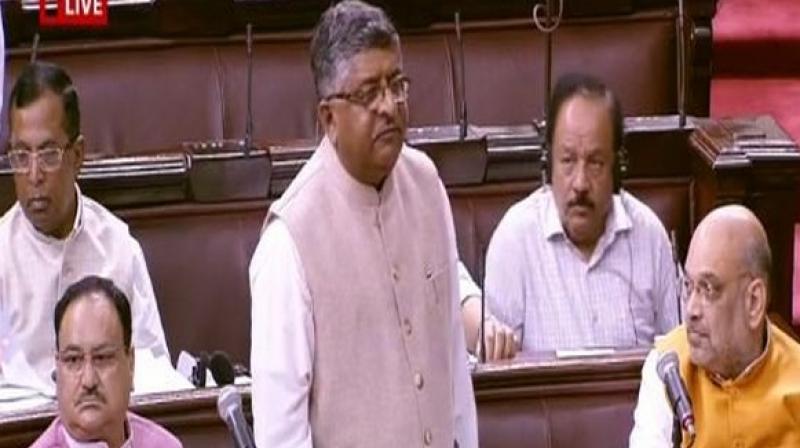 After getting a nod in Lok Sabha, Union Minister Ravi Shankar Prasad tabled the contentious triple talaq bill for consideration and passage in the Rajya Sabha on Tuesday. (Photo: Twitter/ ANI)
