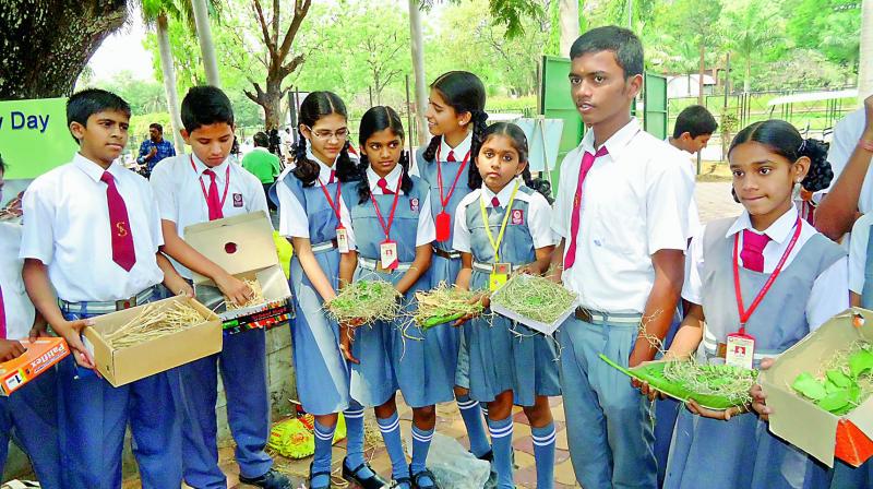 Students with wooden boxes for sparrows.