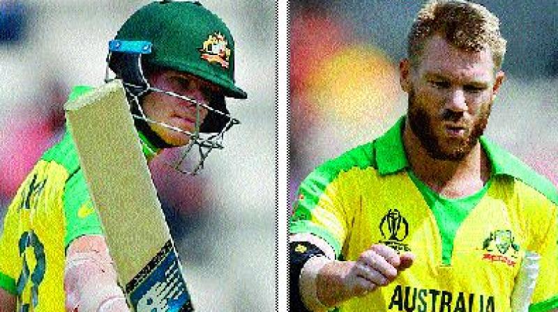 Australias Steve Smith (left) and David Warner during the Cricket World Cup warm up match against England at the Rose Bowl in Southampton on Saturday. Both made an impact on return to Australian colours. (Photo: AP)