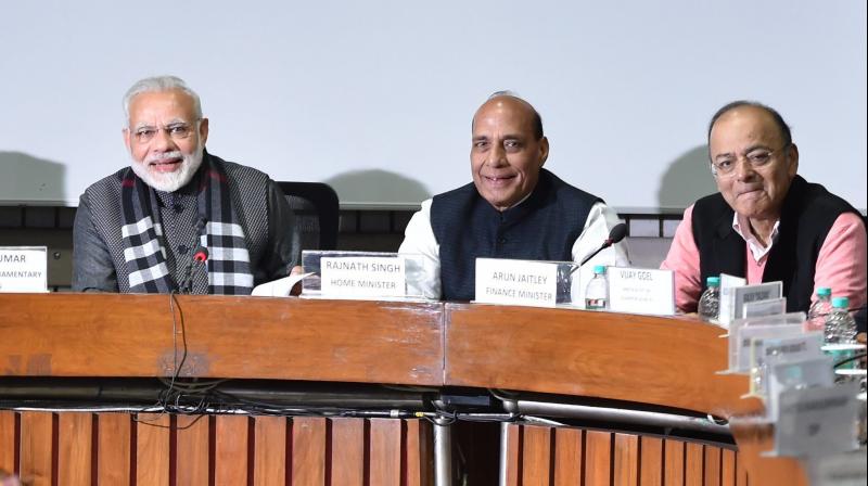 Prime Minister Narendra Modi, Home Minister Rajnath Singh, Finance Minister Arun Jaitley and Parliamentary Affairs Minister Ananth Kumar at an all-party meeting, ahead of the Budget Session, at Parliament House in New Delhi on Sunday. (Photo: PTI/File)