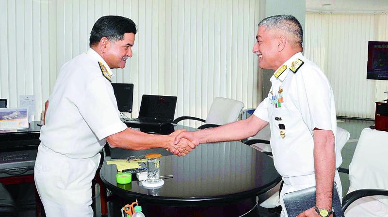 Chief hydrographer to the Uniongovernment, Vice-Admiral Vinay Badhwar calls on Commander-in-Chief of Eastern Naval Command Vice-Admiral H.C.S. Bisht during his visit to ENC in Visakhapatnam on Tuesday.