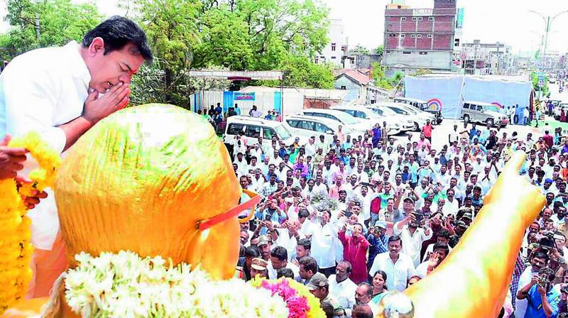 Minister K.T. Rama Rao pays tributes to B.R Ambedkar on his 127th birth anniversary at Ambedkar chowk in Sircilla town on Saturday. (Photo: DC)