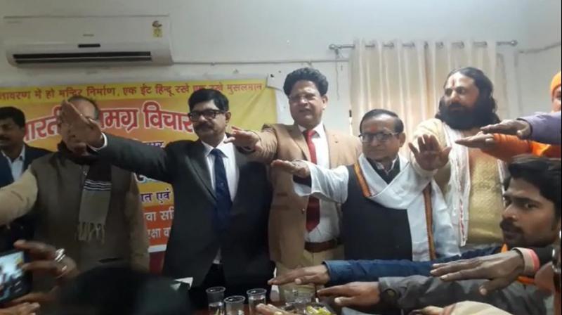 Surya Kumar Shukla, a 1982 batch officer of the UP cadre, allegedly raised his hand to pledge with others for the early construction of Ram temple in Ayodhya on Jan 28. (Photo: Screengrab)
