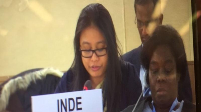 Speaking at the session of UNHRC, Mini Devi Kumam, Second Secretary, Indias Permanent Mission, said, In gross violation of UN Security Council resolution 1267, the UN designated terrorists like Hafiz Mohammed Saeed are freely operating with State support, and the UN designated entities are being politically mainstreamed in Pakistan. (Photo: ANI)