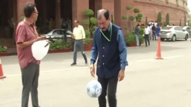 Watch: TMC MP plays football in Parliament, appeals PM to promote the game