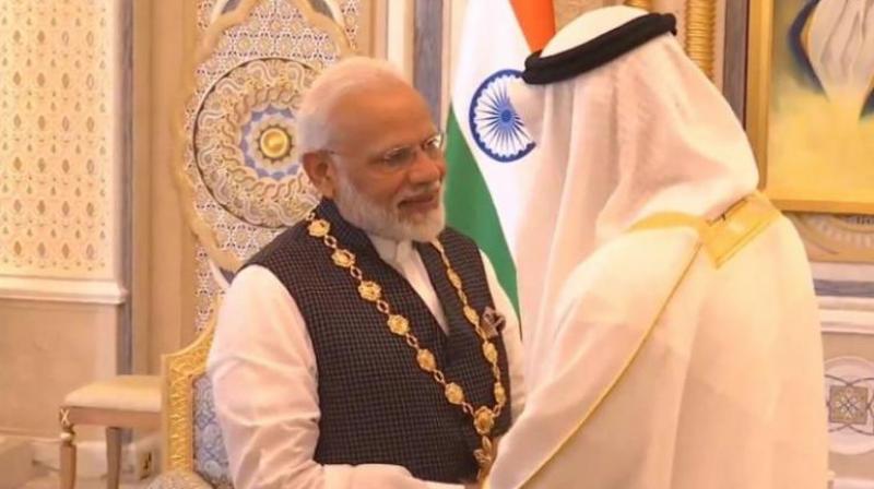 The  Order of Zayed award was conferred on PM Modi by the Abu Dhabi Crown Prince Sheikh Mohamed bin Zayed Al Nahyan in a ceremony held at the Presidential Palace in Abu Dhabi. (Photo: ANI)