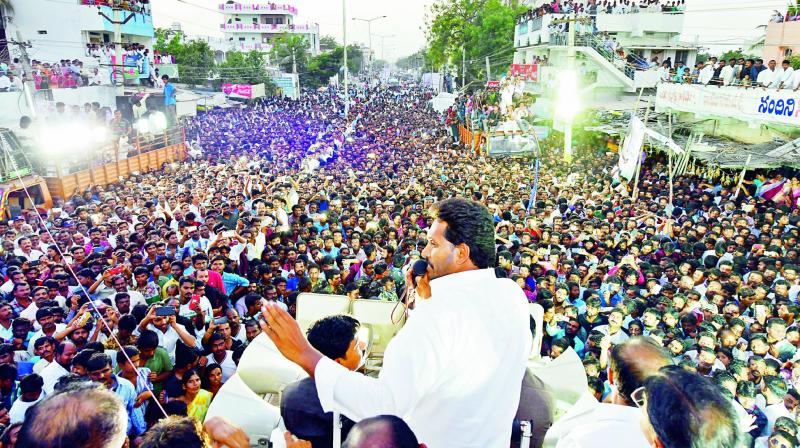 Opposition leader Y.S. Jagan Mohan Reddy addresses a gathering at Chinnampalli near Raphtadu in Ananatapur district on Tuesday. (Photo: DC)