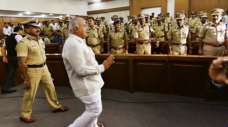 Home Minister Ramalinga Reddy at a police officers review meeting at Vikas Soudha in Bengaluru on Saturday. (Photo: DC)