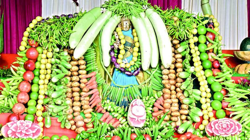 Goddess Bhramaramba decked up with fruits and vegetables on Tuesday.