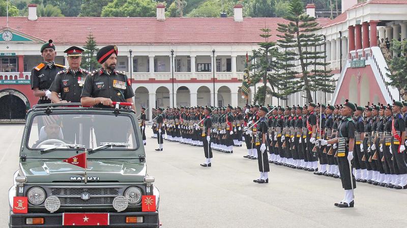 Brig. RS Guraya, Commandant, Madras Regimental Centre at Wellington reviews the passing out parade on Saturday.	DC