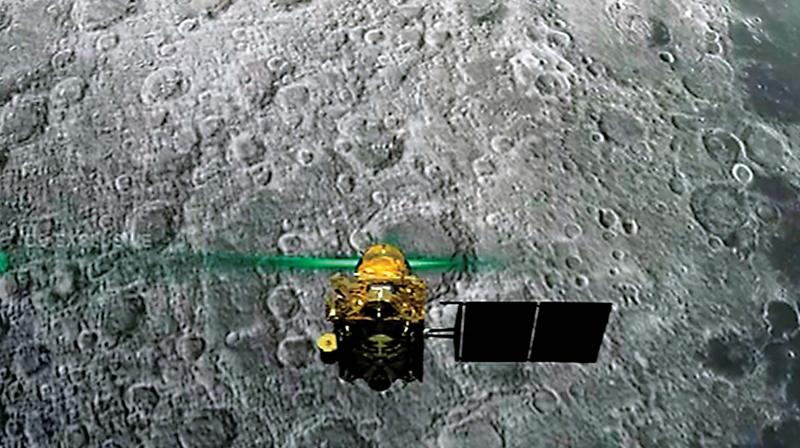 Vikram lander begins its powered descent, normal performance was observed up to an altitude of 2.1 km, but loses contact with ground stations minutes before the crucial touchdown on the lunar surface.