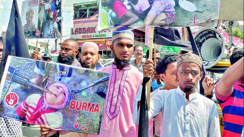 A Muslim organisation staged a protest against the killings of Rohingyas in Myanmar in old city on Sunday.