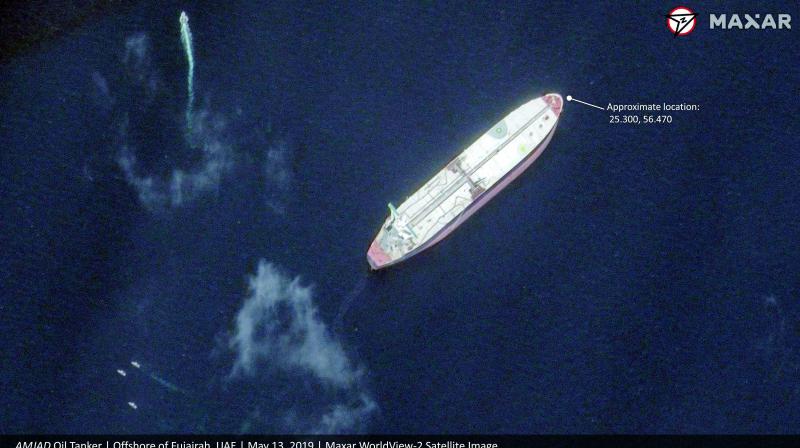 A satellite image provided by Maxar Technologies shows the Saudi-flagged oil tanker Amjad off the coast of Fujairah, United Arab Emirates, on Monday. (Photo - AP)
