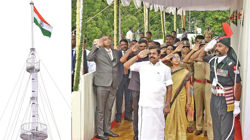 Chief Minister Edapaddi K. Palaniswami salutes after hoisting the national flag at Fort St George on Tuesday. (Photo: DC)