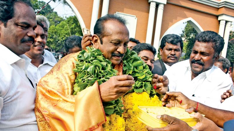 MDMK leader Vaiko greeted by his supporters and party lawyers in Chennai on Thursday after the trial court acquitted the leader in a sedition case. (Photo: DC)