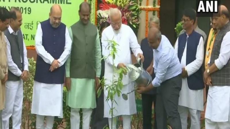PM Modi plants saplings in Parliament as part of plantation drive