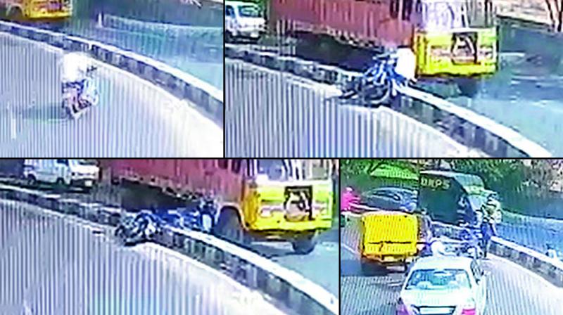 A CCTV grab shows the victims approaching the accident spot, hitting the divider, falling under the truck, and a body lying on the road behind the truck.