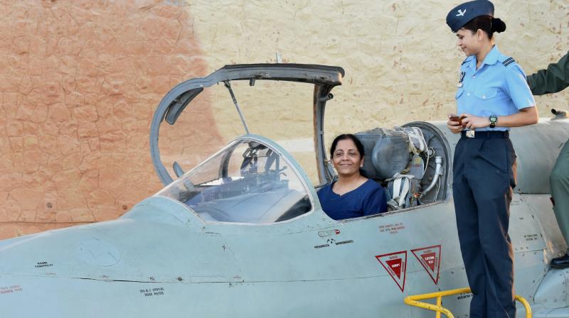 Union Defence Minister Nirmala Sitharaman inside the cockpit of MIG-21 Biscon during her visit to Air Force Station Uttarlai in Gujarat on Sunday.  (Photo: PTI)