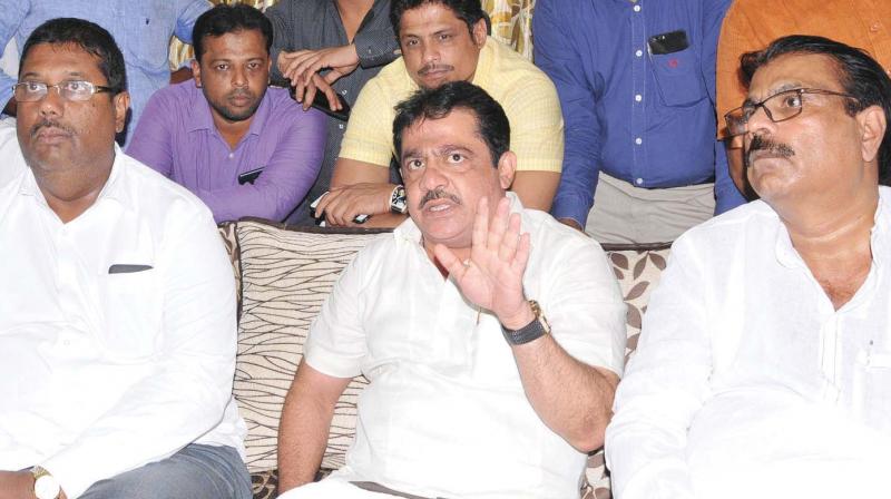 MLA B.Z. Zameer Ahmed Khan at a press conference in Tumakuru on Sunday. He challenged JD(S) leader H.D. Revanna to face him in the election  (Photo: KPN)