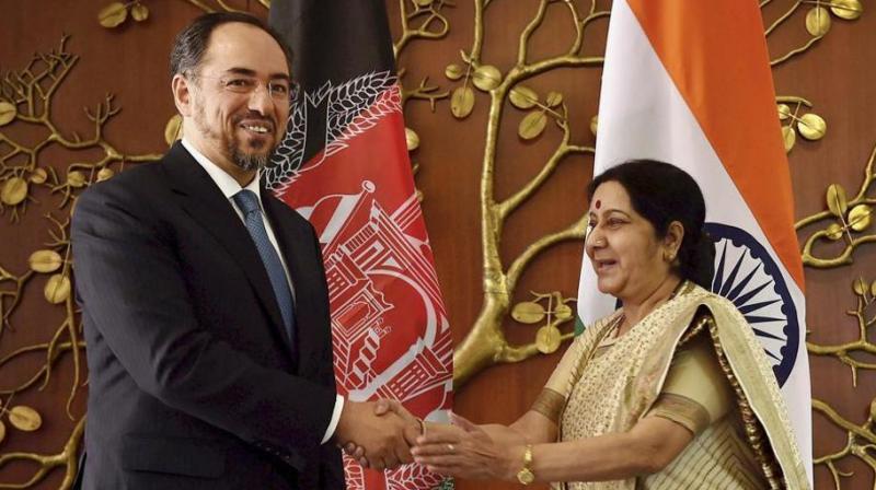 External affairs minister Sushma Swaraj and her Afghan counterpart Salahuddin Rabbani. (Photo: File/PTI)