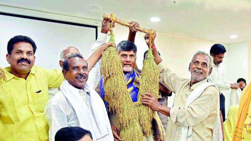 Farmers felicitate Chief Minister N. Chandrababu Naidu with paddy crop bunches at Secretariat on Friday. (Photo: DC)