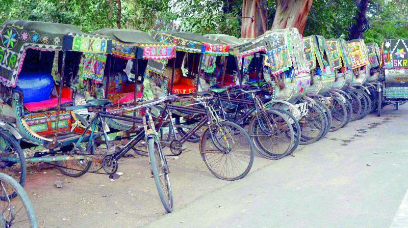 Rickshaws parked at the old government hospital in Vijayawada.