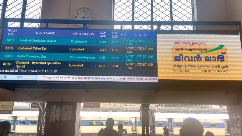 The electronic board displaying trains running late in Kochi.