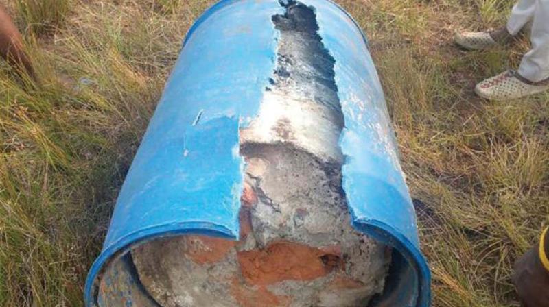 The concrete-filled drum in which Shakunthalas skelton was found.