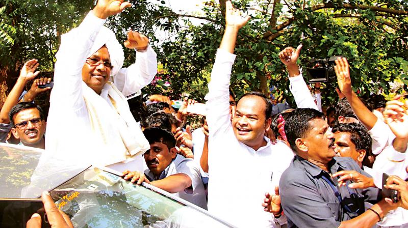 Chief Minister Siddaramaiah takes out a rally before filing his nomination in Badami on Tuesday. (Photo: KPN)