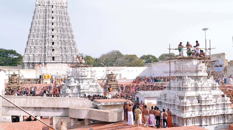 Varushabishegam ceremony being performed at Arulmigu Subramanyaswamy temple, Tiruchendur, on Saturday. (Photo: DC)
